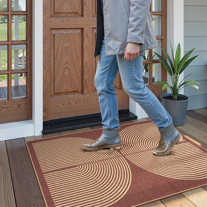 Lahome Enfys Modern Rainbow Easy Jute Patio Rug, 3x5 Washable Entry Way Rugs Indoor for Living Room Dorm, Farmhouse Red Indoor Outdoor Carpet for Entryway Deck Porch