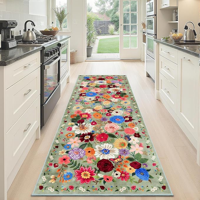Rug for Hallways Green Kitchen Rug 2x6, Non Slip Washable Rugs with Rubber Backing Soft Floral Carpet Runner for Hallways, Kitchen, Laundry, Bedroom, Bathroom (2 x 6, Green Garden)
