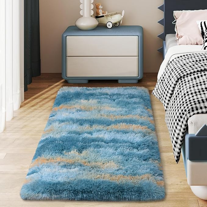 Soft Runner Rugs for Bedroom Hallways, 2x4 Abstract Blue Fluffy Shag Throw Area Rug Non Slip for Bedside Dorm, Long Shaggy Furry Carpet for Nursery Living Room
