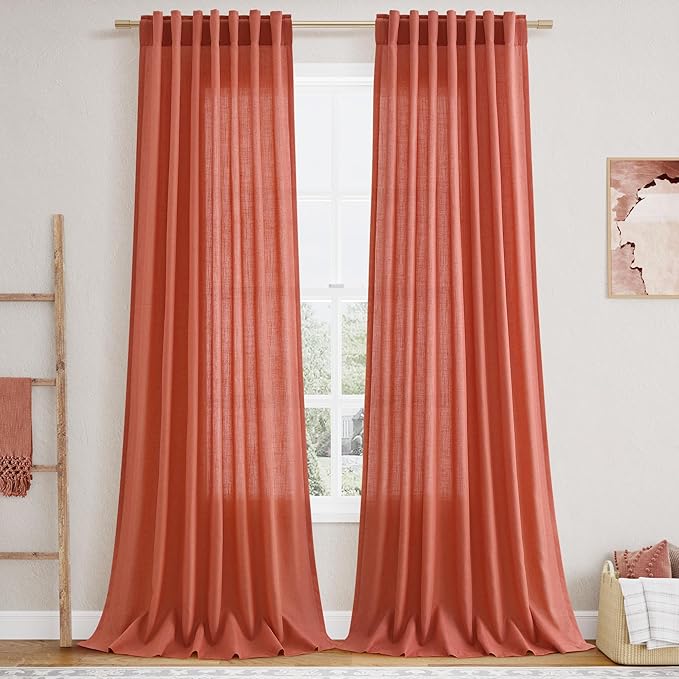Coral Linen Curtains 102 Inches Long 2 Panel Set Back Tab Rod Pocket Semi Sheer Light Filtering Burlap Extra Long Drapes Neutral Farmhouse Decor for High Window Living Room 52x102