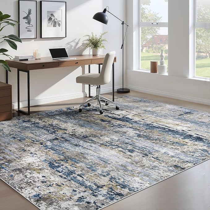 Area Rugs 6x9 for Living Room: Washable Rug Modern Abstract Neutral Soft Non-Slip Low-Pile Indoor Carpet for Bedroom Dining Room Playroom Home Office (Blue Grey Brown, 6'x9')