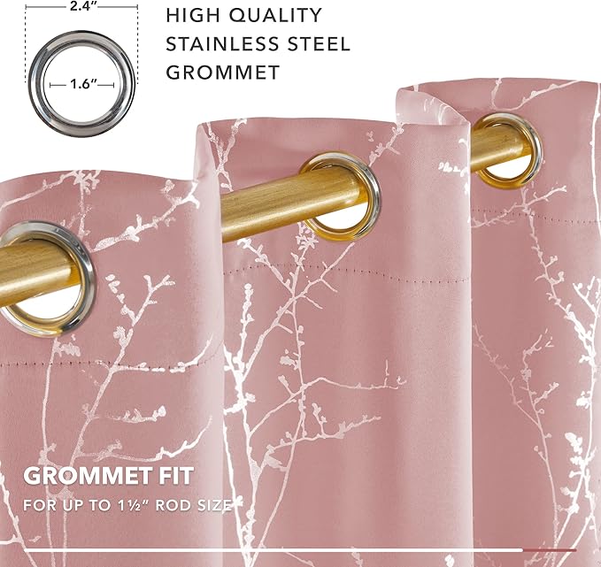 Deconovo Pink Curtains, Blackout Drapes, Thermal Insulated Soundproof Privacy Curtain, Silver Tree Print, 52 x 84 Inch, Machine Washable Window Panels for Girls Bedroom Living Room Nursery, Set of 2