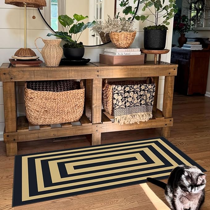 Front Door Mat Indoor Entrance - 2x4.3 Ft Modern Washable Layered Doormat Outdoor Entrance Porch Rug Non-Slip Black Tan Geometric Border Runner Rug for Kitchen Bedroom Laundry Room Porch Decor