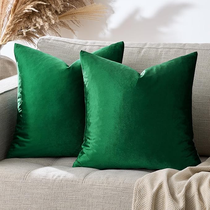 GIGIZAZA Decorative Throw Pillow Covers 16x16,Set of 2 Forest Green Square Couch Pillow Covers,Velvet Sofa Boho Cushion Pillows