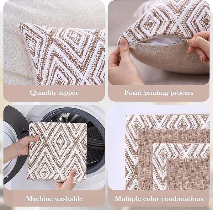 HPUK Decorative Throw Pillow Covers Set of 4 Geometric Design Linen Cushion Cover for Couch Sofa Living Room, 20"x20" inches, Light Brown