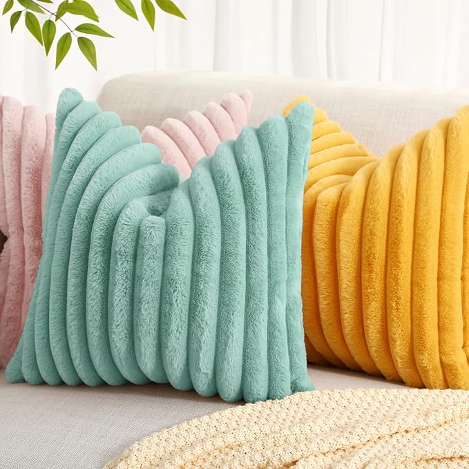 decorUhome Summer Cozy Faux Fur Throw Pillow Covers 18x18 Set of 2 Decorative Soft Plush Striped Modern Farmhouse Boho Couch Pillow Cases with Velvet Back for Sofa Bed Living Room, Aqua