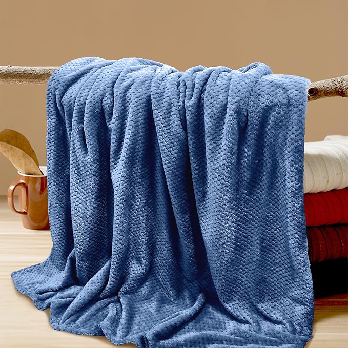 4 Pack Fleece Throw Blankets 50x60 Inches – 270 GSM Ultra Soft Flannel, Oeko-TEX Standard 100 Certified, Lightweight 3D Waffle Texture, No Shedding/Pilling, for Bed, Couch, Sofa, All Season (Blue)