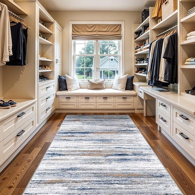 4x8 Wide Washable Runner Rug: Easy-to-Clean Runners for Hallway Entryway Kitchen Bedroom Living Room - Stain and Water Resistant Rugs with Non-Slip Backing - Soft Low-Pile Carpet Navy Grey