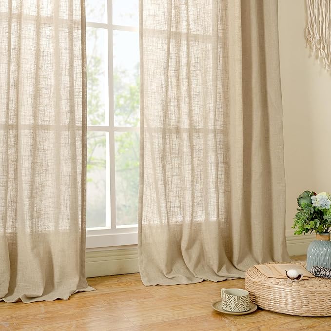 LAMIT Semi Sheer Linen Curtains 36 Inch Length for Cafe, Light Filtering Panels Back Tab and Rod Pocket Neutral Drapes for Bathroom/Kitchen/Loft Room, 25 x 36 Inch, Brown, 2 Panels