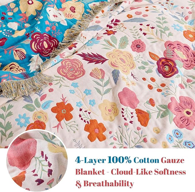MSGKV Boho Throw Blanket for Couch 100% Cotton Floral Blanket 50"x60" Sofa Bed Chair Blanket All Seasons Lightweight Farmhouse Muslin Spring Breathable Blankets Home Decor