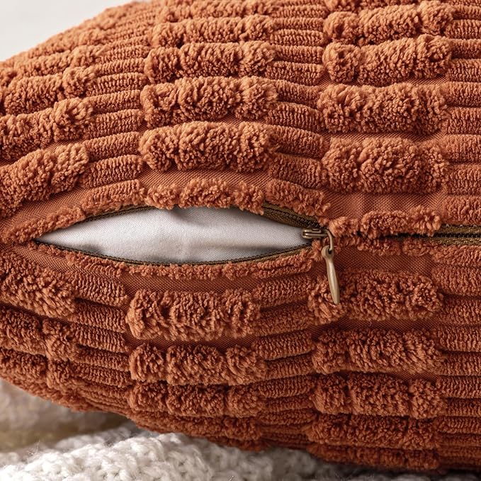 MIULEE Pack of 2 Dark Rust Corduroy Decorative Pillow Covers 16x16 Inch Soft Boho Striped Throw Pillow Covers Modern Farmhouse Home Decor for Summer Sofa Living Room Couch Bed
