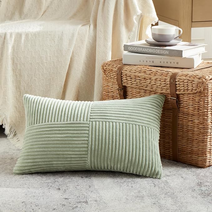 Fancy Homi 2 Packs Sage Green Lumbar Decorative Throw Pillow Covers 16x32 Inch for Living Room Couch Bed, Rustic Farmhouse Boho Home Decor, Soft Striped Corduroy Rectangle Accent Cushion Case 40x80 cm