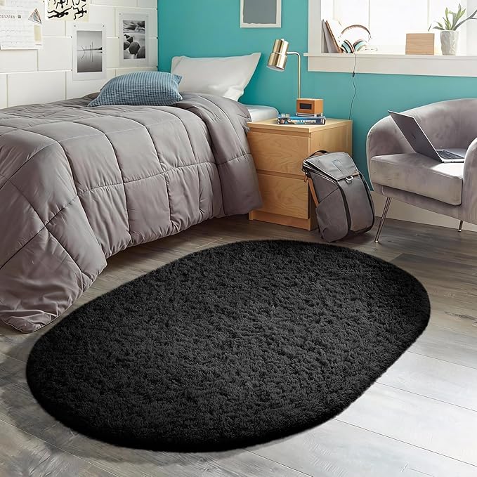 Ophanie 3x5 Oval Black Rugs for College Dorm, Bedroom Small Area Rug, Non-Slip Fluffy Shaggy Bedside Soft Shag Fuzzy Plush Carpet for Kids Boys Teen Home Decor Aesthetic, Nursery