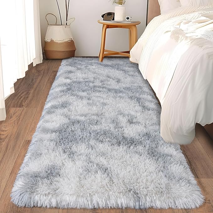 Ultra Soft Runner Rugs with Upgraded Non-Slip Rubber Backing & Thick Memory Sponge, 2x6 Feet Fluffy Shag Throw Area Rug for Bedroom Hallway Living Room Tie-dye Light Grey
