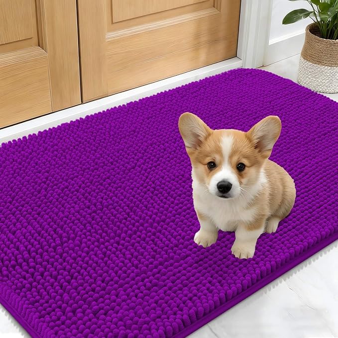 OLANLY Dog Door Mat for Muddy Paws 24x16, Absorbs Moisture and Dirt, Absorbent Non-Slip Washable Doormat, Quick Dry Chenille Mud Mat for Dogs, Entry Indoor Entryway Carpet for Inside Floor, Purple