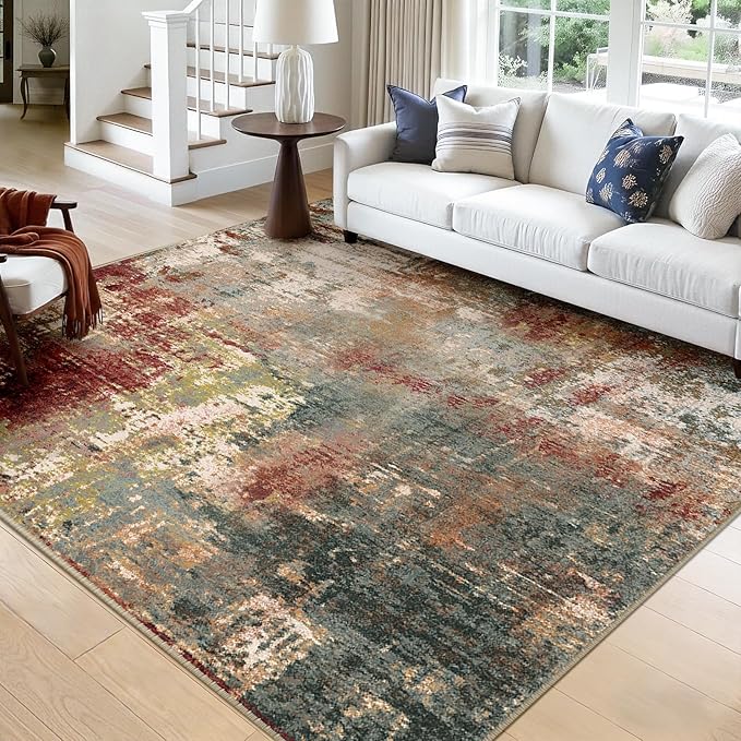 Washable Area Rugs Square 9ft Non-Slip Modern Abstract Soft for Living Room Entryway Bedroom Nursery, Print Pattern, Brown Rust Red Green Blue Multi