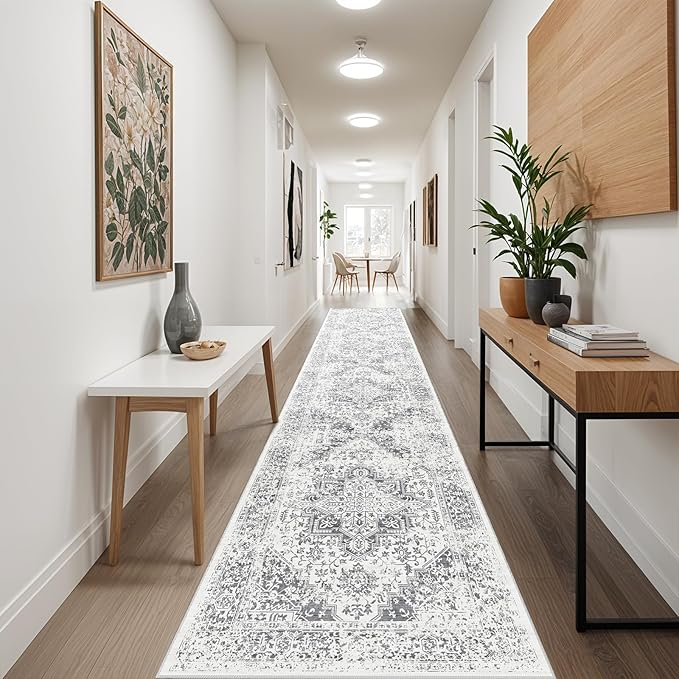 Washable 2'6''x14' Runner Rug - Non-Slip Vintage Runner Rug for Entryway Low-Pile Medallion Long Rugs for Hallway Waterproof Traditional Indoor Thin Rug for Kitchen (Grey)