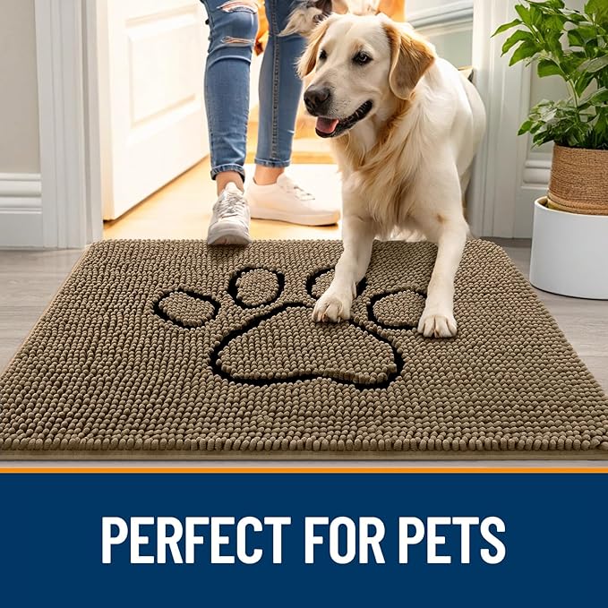 OLANLY Dog Door Mat for Muddy Paws 59x35, Paw Print Design, Absorbs Moisture and Dirt, Absorbent Non-Slip Washable Doormat, Quick Dry Chenille Mud Mat for Dogs, Entry Indoor Entryway Carpet, Tan
