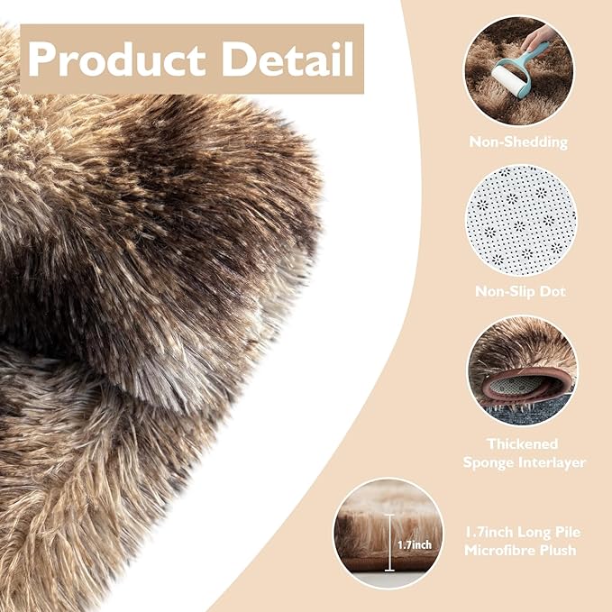 Fluffy Round Rug,Soft Area Rugs for Girls Room,Shaggy Rugs 5'X5' for Living Room,Non Slip Circle Rug for Kids Bedroom,Shag Plush Nursery Carpets,Fuzzy Rug for Dorm,Room Decor Carpet,Tie-Dyed Coffee