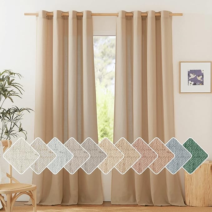 NICETOWN Natural Linen Camel Curtains 108 inches Long, Grommet Thick Linen Privacy Added Window Treatments with Light Filtering for Bedroom/Living Room, W55 x L108, 2 Panels