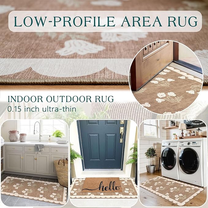Front Door Mat Indoor Entrance - 2x4.3 Ft Floral Washable Layered Doormat Outdoor Entrance Porch Rug Non-Slip Tan Boho Farmhouse Runner Rug for Kitchen Hallway Bedroom Laundry Room Porch Decor