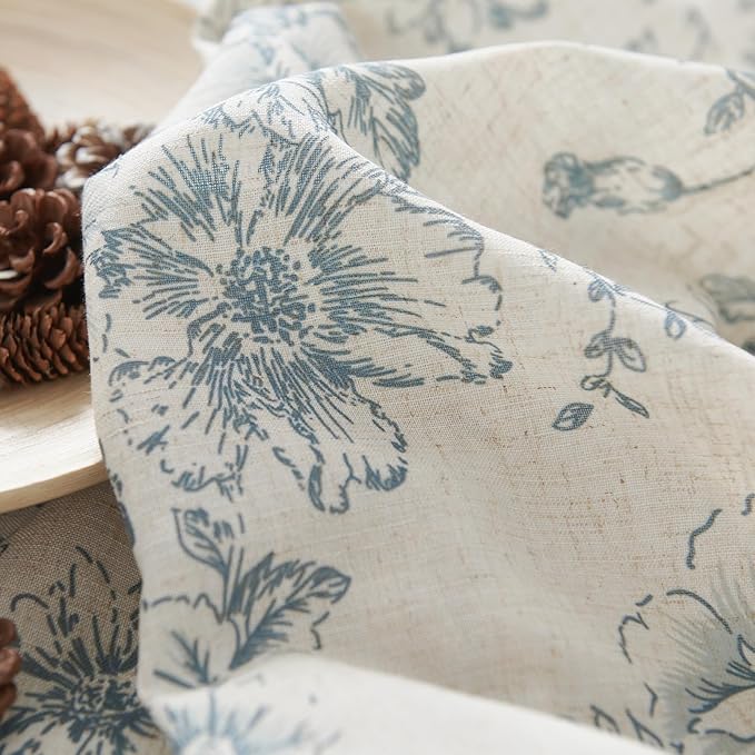 jinchan Linen Floral Curtains 96 Inch Length for Living Room Bedroom Light Filtering Farmhouse Peony Flower Drapes Rustic Window Curtain Set Rod Pocket Back Tab 2 Panels Blue