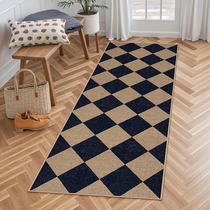 Lahome Colette Checkered Easy Jute Runner Rug, 2x6 Kitchen Mats for Floor Washable Entryway Runner, Checkerboard Black Indoor Outdoor Carpet for Hallway 6ft Entry Laundry
