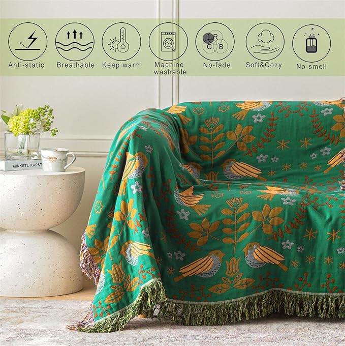 MSGKV Boho Throw Blanket 100% Cotton Green Blanket 90''x 98'' Spring Reversible Blankets with Tassels Warm Soft Blanket for Bed Sofa Living Room