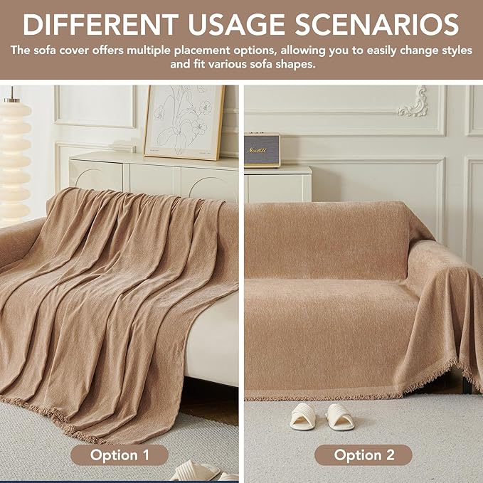 Couch Cover for Dogs, Boho Sofa Covers for 3 Cushion Couch, Chenille Sofa Slipcover for Pets Washable, L-Shape Sectional Couch Loveseat Cover Soft Throw Blankets with Tassels(71x118,Khaki)