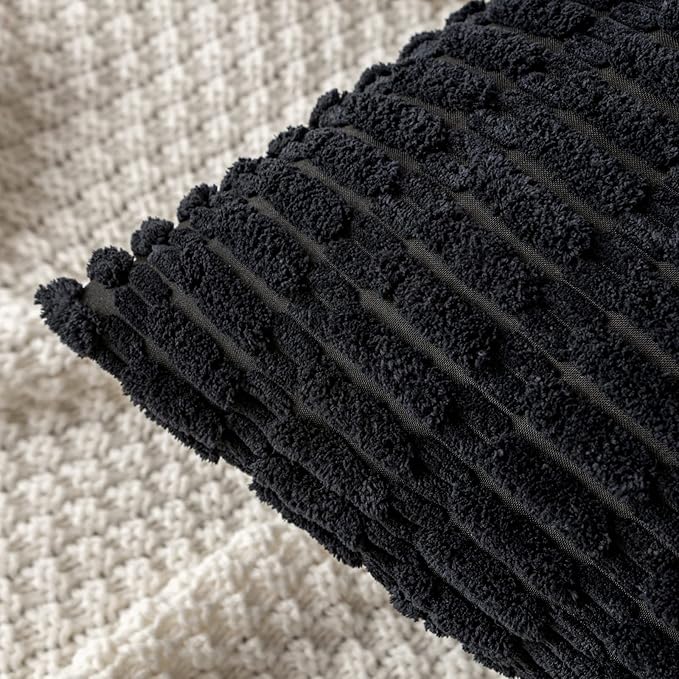 MIULEE Pack of 2 Corduroy Decorative Euro Sham Throw Pillow Covers 24x24 Inch Soft Boho Striped Pillow Covers Modern Farmhouse Home Decor for Halloween Sofa Living Room Couch Bed Black