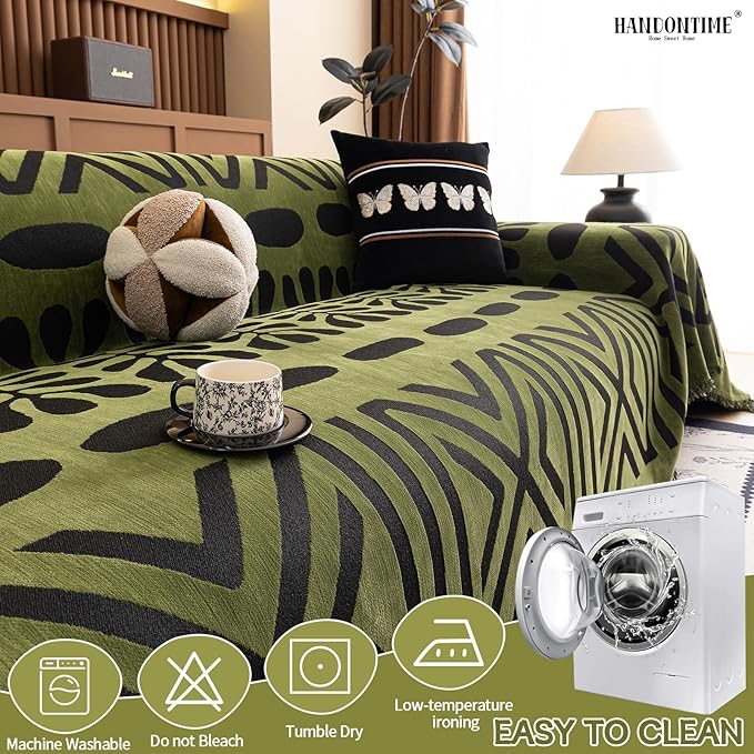 HANDONTIME Boho Couch Cover Geometric Striped Pet Covers for Couches and Sofas Olive Green and Black Dog Cover for Couch Pet Friendly Chenille Sectional Sofa Covers for Pets Washable, 71" X 118"