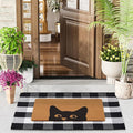 UINI Welcome Door Mat Combo Set, 28" x 43" Black and White Plaid Mat +17" x 30" Cat Welcome Mat, 2 PCS Doormat Set for Front Door, Entrance, Porch Decor, Non-Slip