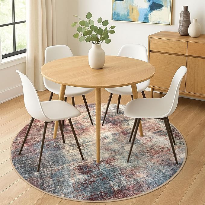IOHOUZE Abstract Round Area Rug 6 Ft Washable Circle Rugs Large Round Rug Non Slip Thin Soft Circle Rugs, Printed Faux Wool Floor Carpet for Bedroom Living Room Dining Room Nursery, Red/Multi