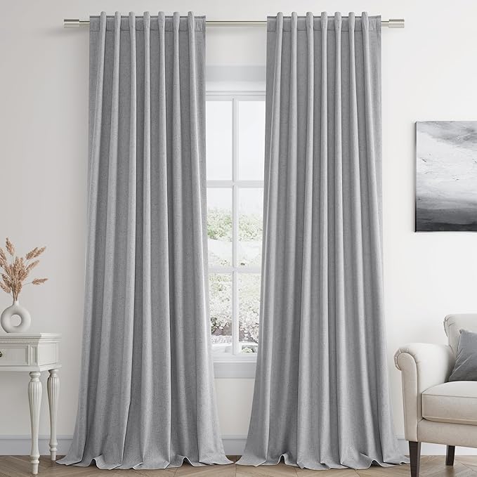 Guken Grey 100% Blackout Curtains 84 Inch Length 2 Panels Set for Living Room Bedroom Back Tab Thermal Insulated Black Out Linen Drapes Room Darkening Window Curtains 84 Inches Long