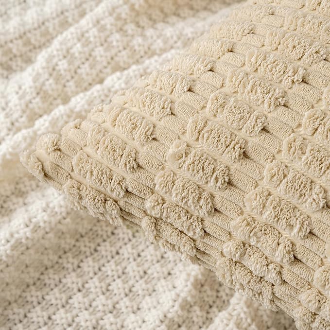 MIULEE Pack of 2 Corduroy Decorative Euro Sham Throw Pillow Covers 22x22 Inch Soft Boho Striped Pillow Covers Modern Farmhouse Home Decor for Sofa Living Room Couch Bed Tan
