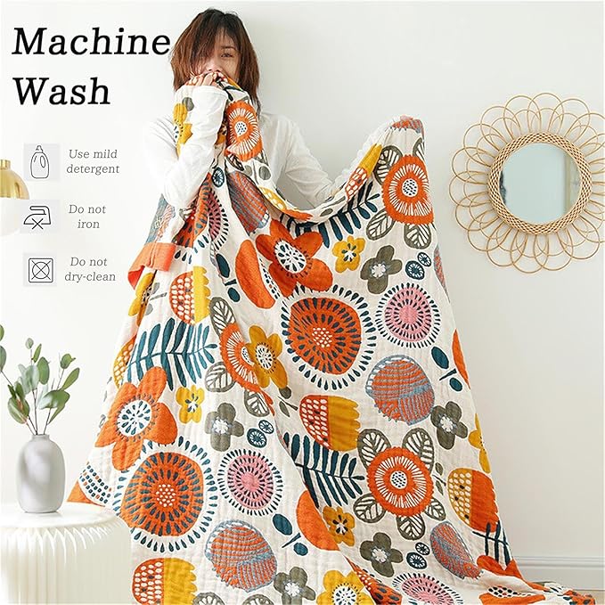 Throw Blanket Queen Size Fall Blanket for Couch Bed 80''x90'',100% Cotton Woven Muslin Blankets Travel Soft Warm Mexican Blankets Boho Quilt Home Decor for Women