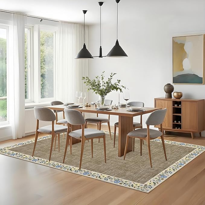GarveeHome 4x6 Area Rugs for Bedroom Living Room Machine Washable Rugs Floral Bordered Small Carpet Non-Slip Stain Resistant Accent Carpet for Dining Room Table Apartment Office, Dark Camel