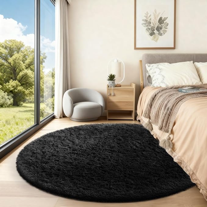 Ophanie Round Rug 5Ft Black Circle Area Rug, Room Decor for Men, Fluffy Fuzzy Bedroom Carpet, Plush Soft Shaggy Living Room Rugs for Kids Home Decor Aesthetic, Nursery