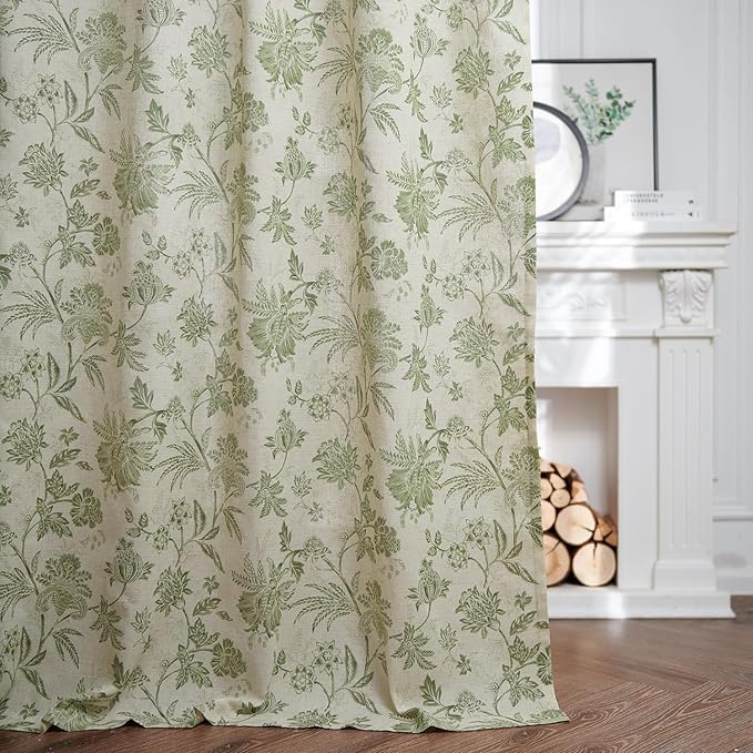 jinchan Linen Floral Curtains for Living Room with Printed Flower 108 Inches Long Light Filtering Extra Long Back Tab Rod Pocket Sage Green Window Curtain Set Farmhouse Drapes, 2 Panels