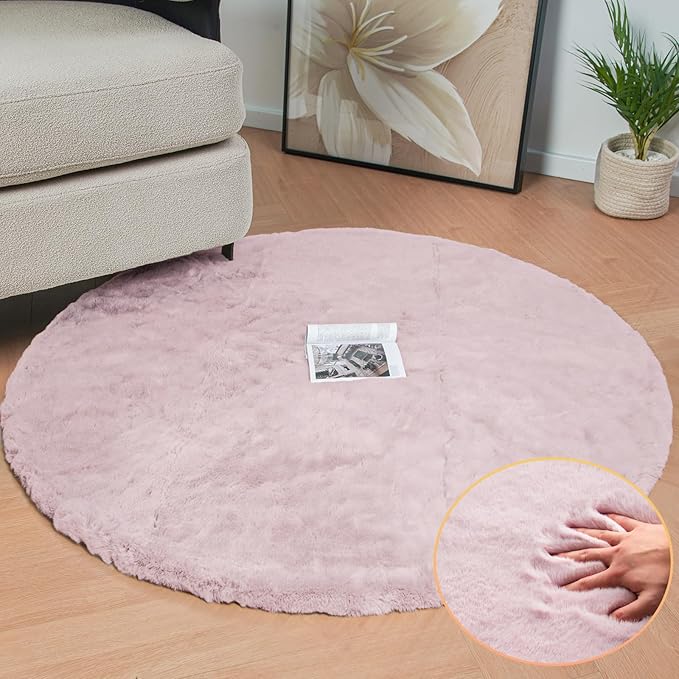 ORINOVA Pink Washable Fluffy Rugs for Bedroom Small Circle Faux Rabbit Shag Fur Area Rugs for Living Room Nursery Round Rug 3ft Rug