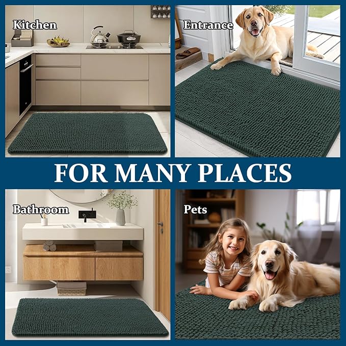 OLANLY Dog Door Mat for Muddy Paws 34x21, Absorbs Moisture and Dirt, Absorbent Non-Slip Washable Doormat, Quick Dry Chenille Mud Mat, Entry Indoor Entryway Carpet for Inside Floor, Blackish Green