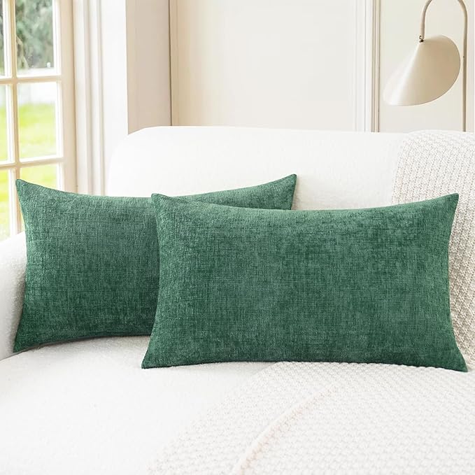 CaliTime Christmas Throw Pillow Covers Decorative 12 X 20 Inches Pack of 2 Cozy Chenille Cushion Cases for Couch Sofa Bed Living Room Home Dark Green