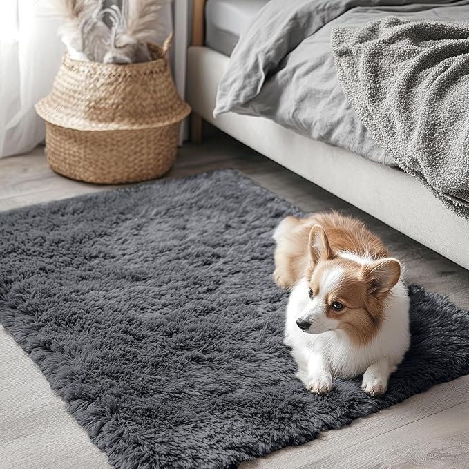 OLANLY 3x3 Machine Washable Small Bedside Rug, Soft Fluffy Shaggy Entryway Throw Rugs for Bedroom, Living Room, Indoor Floor Carpet for Kids Girls and Boys, Nursery Rooms, Home Decor Aesthetic, Grey