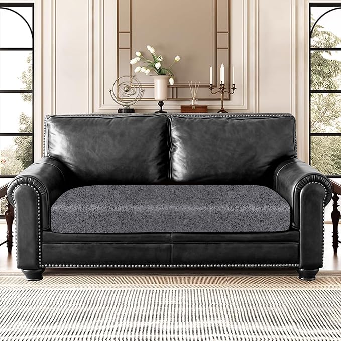 Leather Look Couch Cushion Covers Sofa Seat Slipcovers Sets Couches Furniture Protector for Sectional Armchair Loveseat Pets Kids Stretch Spandex Fabric (1 Cushion Loveseat, Dark Grey)