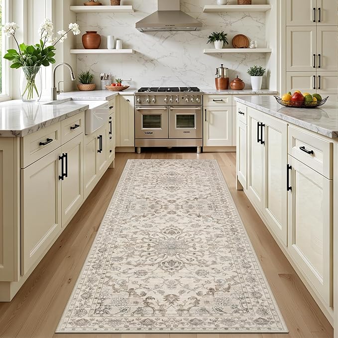 Hallway Runner Rug Non Slip - Washable 2.6x8 Kitchen Rugs for Living Room, Low-Pile Soft Bedroom Rug Indoor Floor Stain Resistant Carpets for Entryway, Laundry, Bathroom Beige