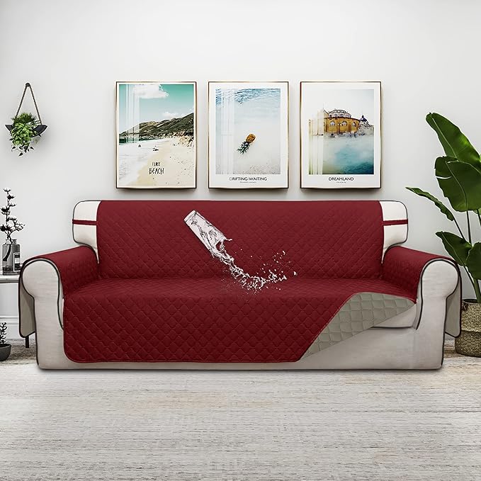 ISSUNTEX Double Protection 100% Waterproof Sofa Covers for Living Room, Couch Covers for 3 Cushion Couch Sofa, Reversible Furniture Protector Sofa Cover for Dogs (Oversized Sofa, Christmas Red/Beige)