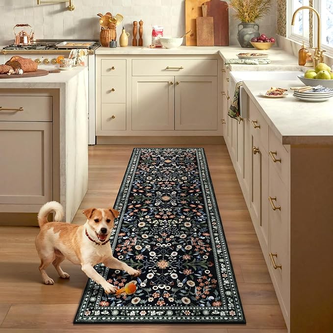 Yamaziot Washable Runner Rug 2x8 – Boho Non Slip Floral Hallway Runner Rug with Rubber Backing, Low Pile Distressed Carpet for Kitchen, Laundry, Bedroom, Entrance, Colorful Black