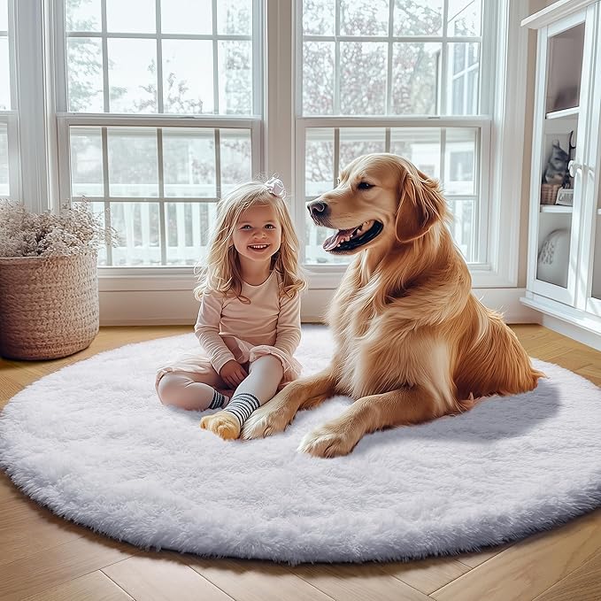 ONASAR White Round Rugs 6ft for Living Room Bedroom, Fluffy Circle Area Rug for Kids Girls Boys Teen, Soft Plush Shaggy Carpet for Nursery Dorm Classroom Playroom Home Decor Aesthetic
