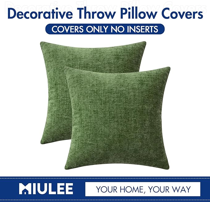 MIULEE Pack of 2 Couch Throw Pillow Covers 20x20Inch Soft Moss Green Spring Chenille Pillow Covers for Sofa Living Room Solid Dyed Pillow Cases