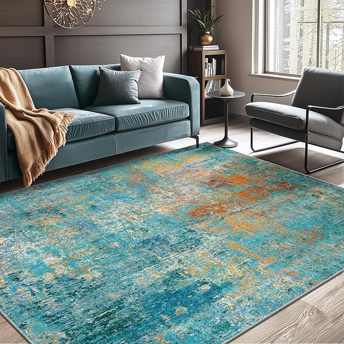 Washable Area Rugs 6'x9' Non-Slip Modern Abstract Soft for Living Room Entryway Bedroom Nursery, Print Pattern, Teal Blue Green Orange Rust Red Coloreful